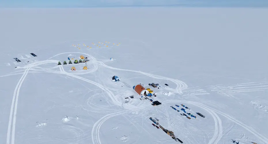 Drone photograph of a research station in Antarctica